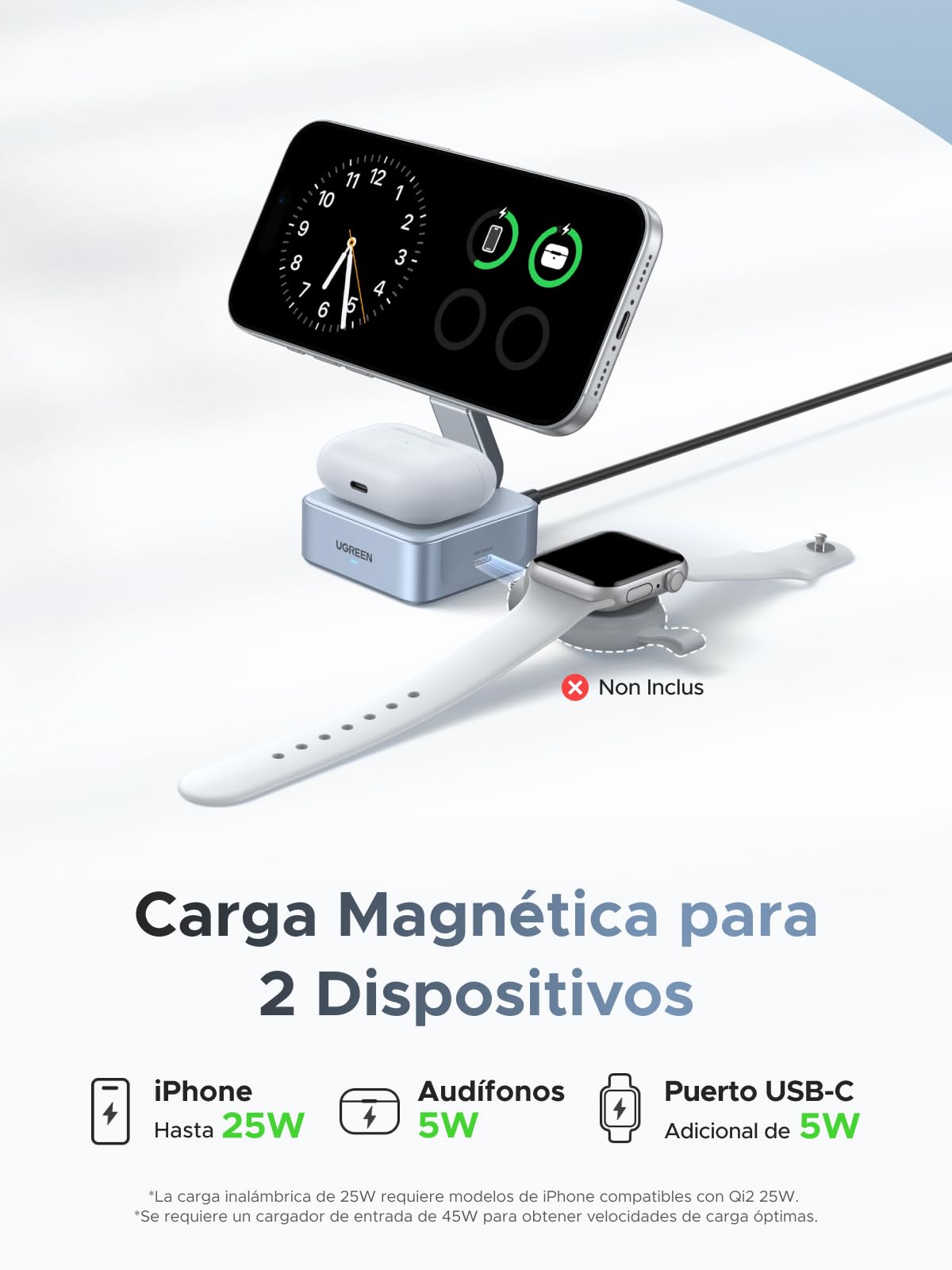 UGREEN MagFlow Qi2 25W Cargador Inalámbrico MagSafe 2 en 1 Plegable | Compatible con iPhone 17 16 15 14 13 12 Air Plus Pro Max AirPods 4 3 Pro 3 2 1, Estación de Carga Magnético, Ángulo Ajustable