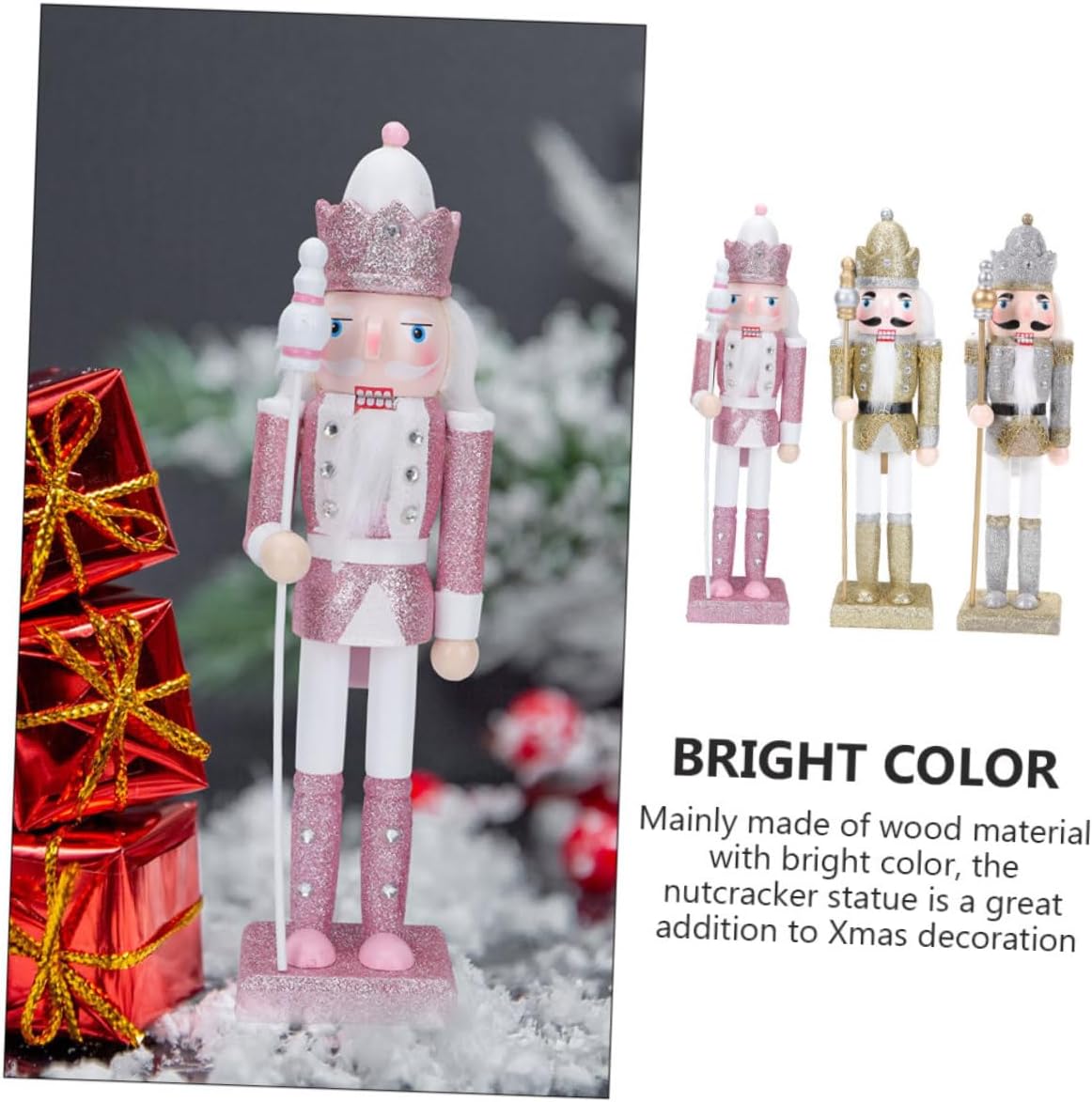 Luxshiny 3pcs Wooden Nutcracker Soldier Figures Set, Glitter Silver Gold Pink, Small Christmas Nutcracker Decorations for Indoor Holiday and Xmas Party Ornaments