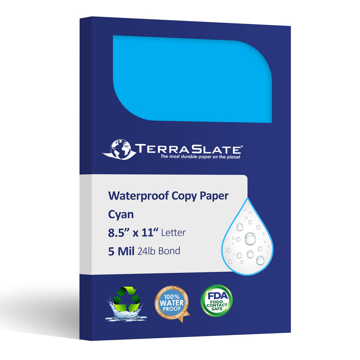 Waterproof Paper, Rip-Proof Colored Paper, Cyan Blue, 25 Sheets, 5 Mil (24lb Bond), 8.5" x 11", Laser Printer and Copy Machine Compatible
