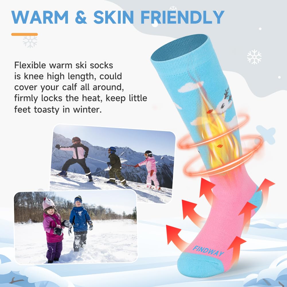 Findway Calcetines de Esquí para Niños,Calcetines Térmicos Niños Niñas 85% Algodón Calcetines de Nieve Suaves Transpirables Calcetines de Esquí de Invierno para Patinaje Snowboard,2 Pares/3 Pares