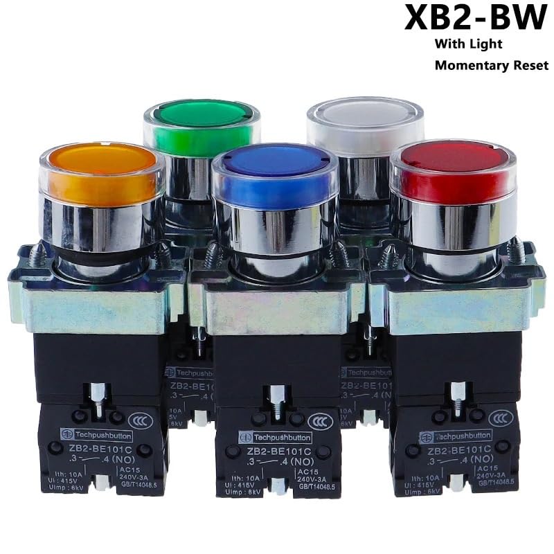BIK 22mm Momentary XB2-BW3361 Round Push Button Switch with LED Light 1NO 24V/AC220V/AC380V Green,Red,Yellow,Blue ZB2-BE101C(Yellow,24V)