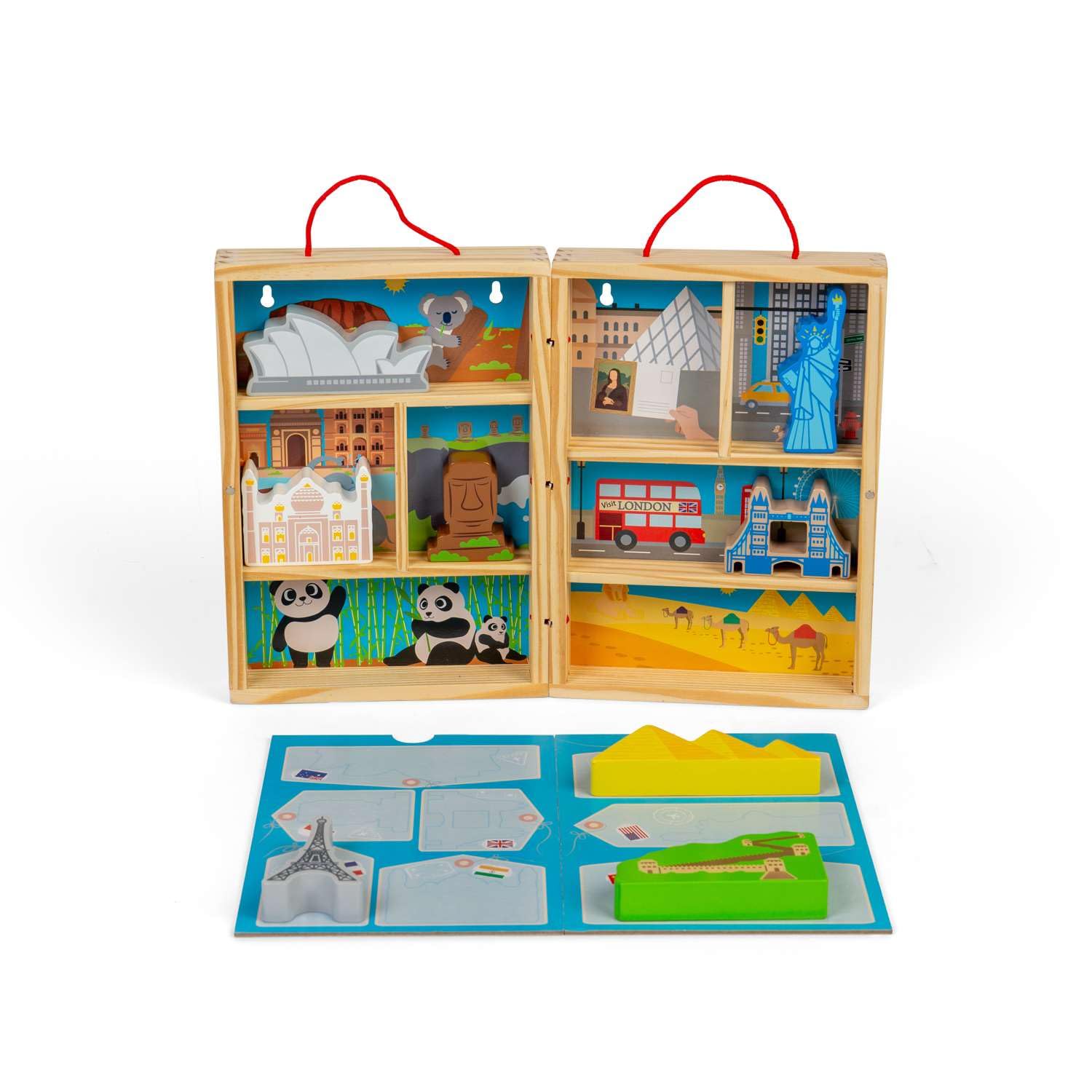 Bigjigs Toys Podróżny zestaw do zabawy – 10 szt. drewniany zestaw do zabawy z zabytkami świata i rozkładaną matą do zabawy, dla małych dzieci i dzieci, przyjazna w podróży zabawka, zestaw Montessori
