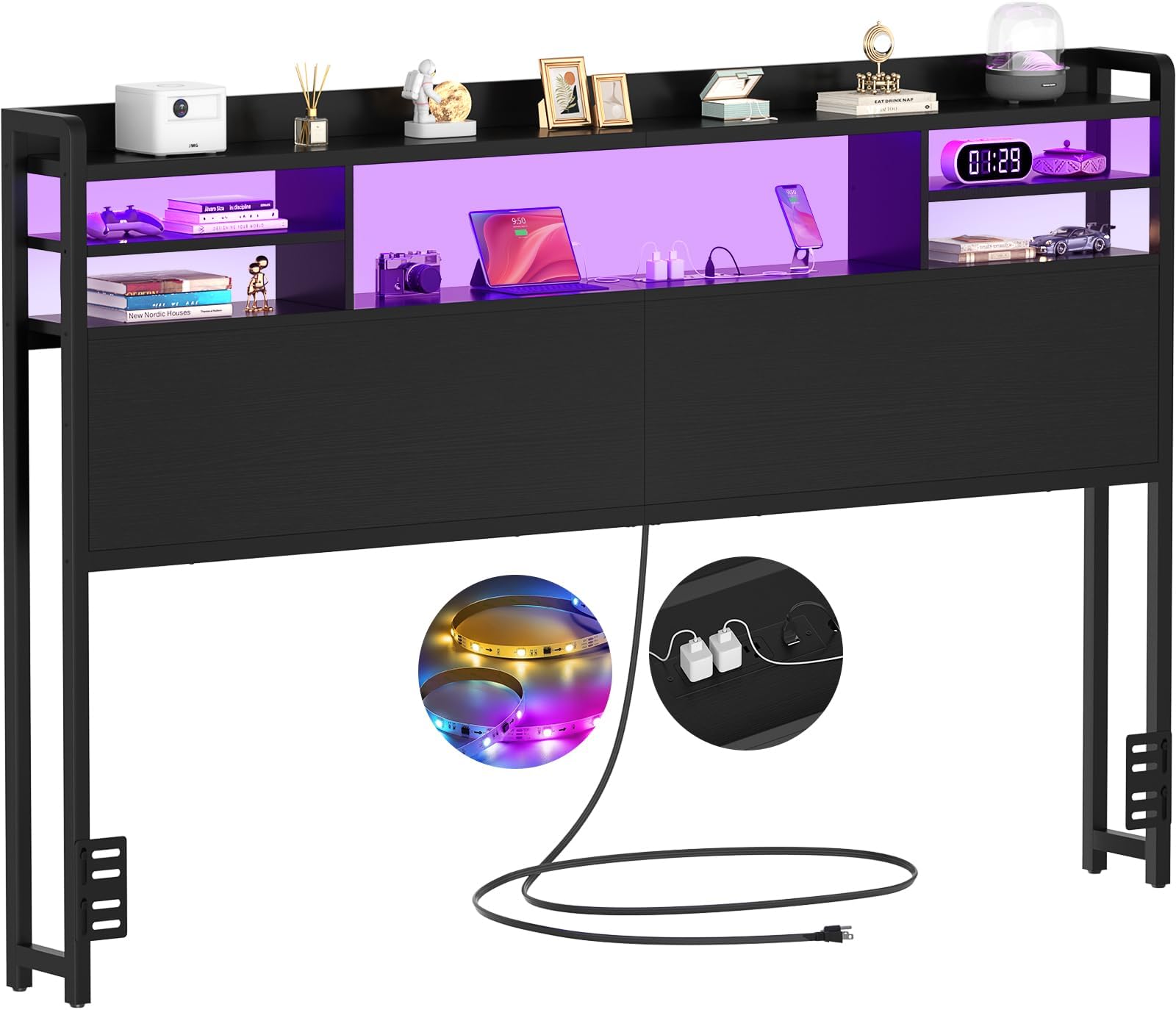 Headboard for Queen Size Bed with Storage, Headboards with LED Light, Power Outlets, USB Ports Queen Size Head Board, Wood headboard Only Sturdy and Stable Headboards, Modern, Black