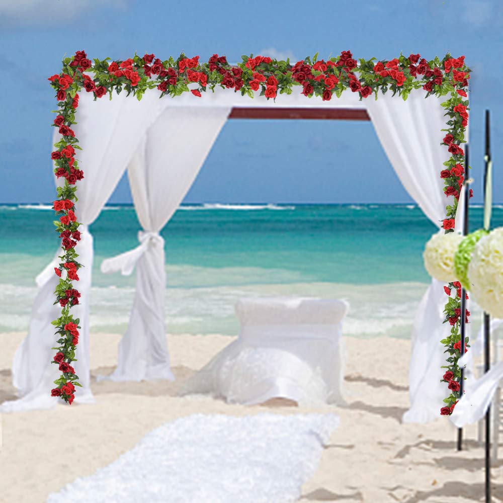 JARELING 4 Pack(28.8 Ft) Artificial Flower Garland Silk Rose Flower Vines Fake Flower Garland for Backdrop Hanging Garlands Flowers Artificial for Decoration Wedding Arch Room(Red)