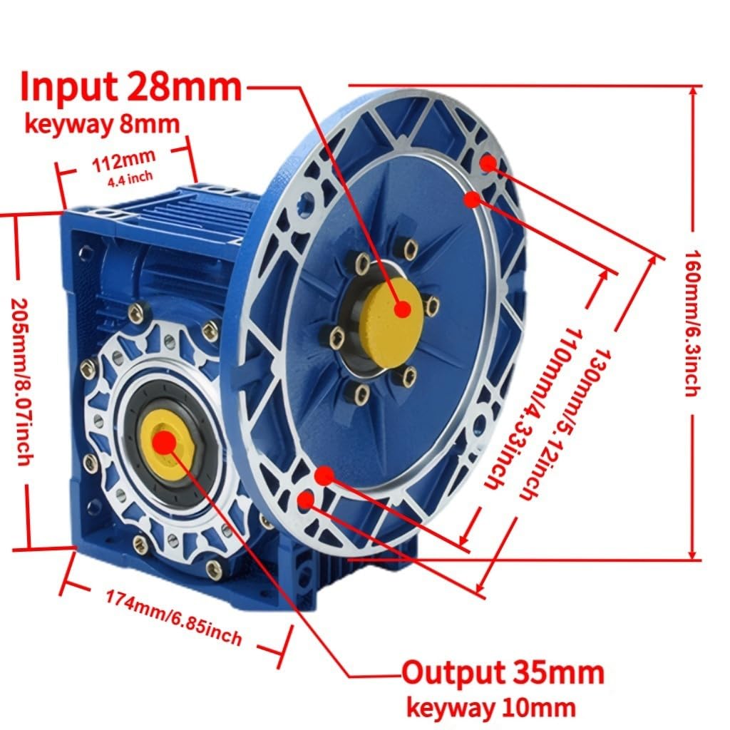 Riduttore di velocità a vite senza fine NMRV075 Flangia 100B14 con albero di ingresso da 28 mm e foro di uscita da 35 mm Alloggiamento in metallo(Ratio 60 to 1)