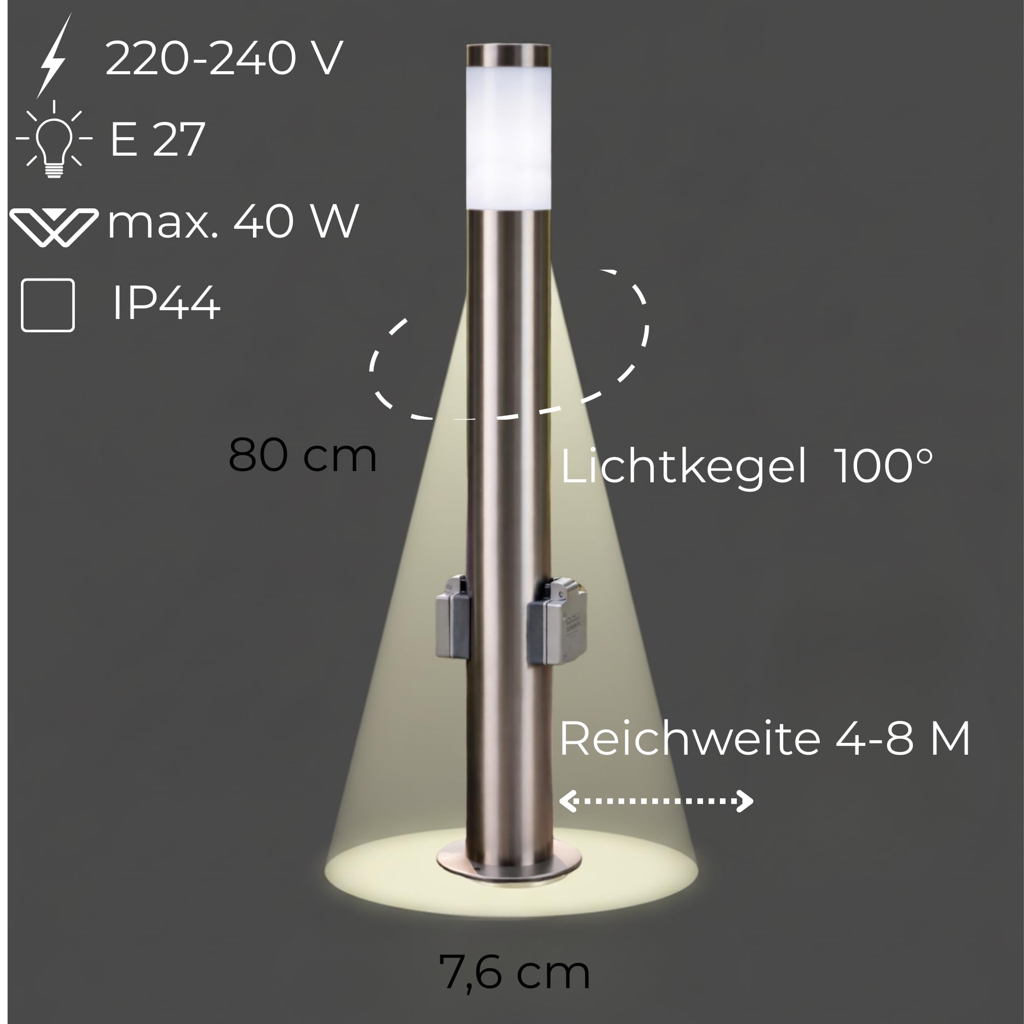 Novatool Gartenlampe I 80 cm I mit 2 Steckdosen I Edelstahl I IP44 I E27 Sockel I Gartenleuchte Stehlampe Säulenlampe außen Aussenleuchten Steckdosenverteiler Steckdosenturm Gartensteckdose…