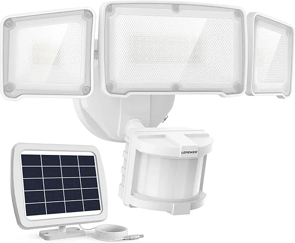 LEPOWER 1600LM LED Solar Security Lights Motion Outdoor, Motion Sensor Light, 5500K White Light, IP65 Waterproof Outdoor Flood Solar Light with 3 Adjustable Head for Yard, Garage(White)