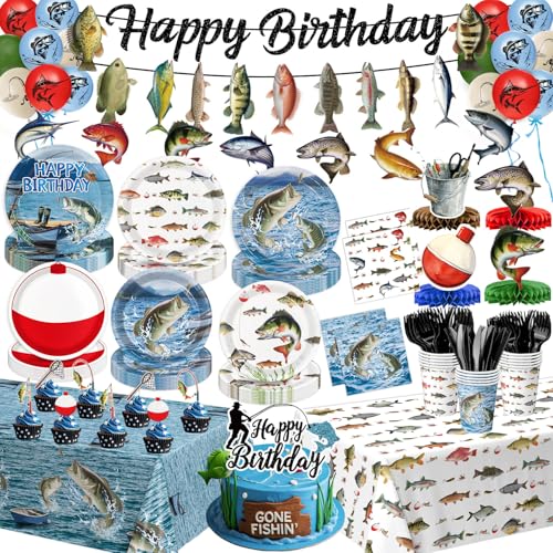 Fishing Birthday Party Decorations - Plates Napkins Cups Cutlery Honeycomb Centerpieces Banner Hanging Swirls Tablecloths Toppers Balloons for Ofishally One Birthday Decorations Serves 24