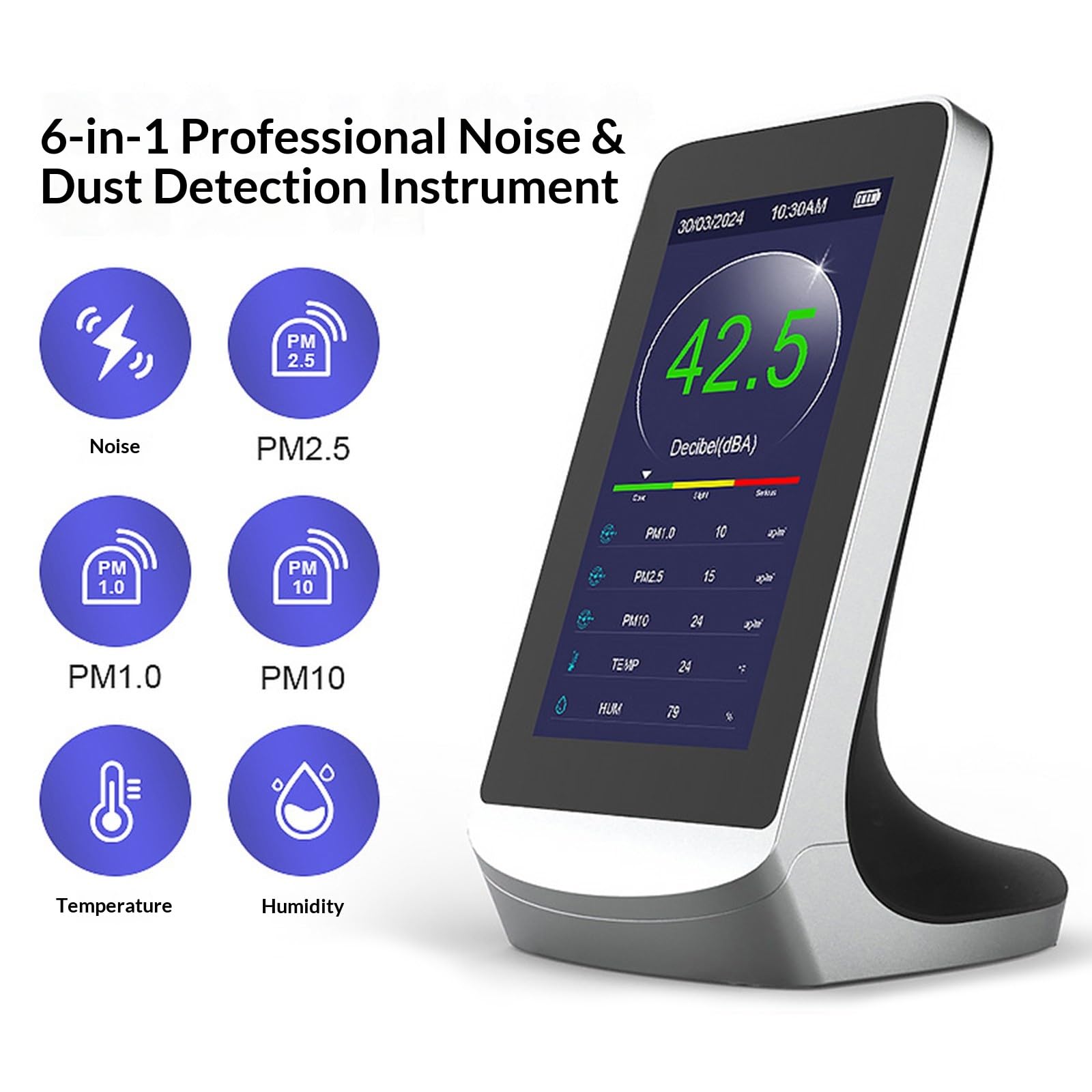 Medidor digital de decibelios de 30-130 dBA con pantalla LCD para niveles de sonido PM2.5 Humedad con función de alarma medidor de decibelios digital