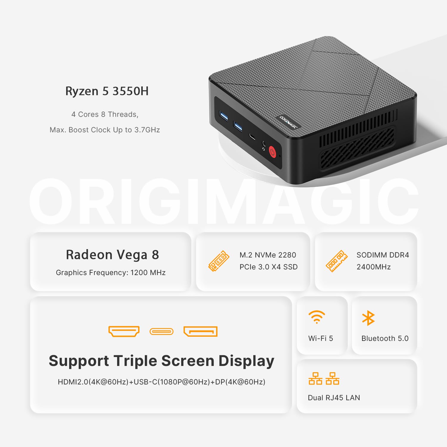 origimagic C4 Mini PC,con Ryzen 5 3550H Processor(fino a 3,7GHz) Light Gaming PC,8GB RAM,256GB SSD,Supporto Triple Display,USB3.2/Doppia RJ45 LAN/Wi-Fi5/BT 5.0,Mini Desktop per Ufficio Domestico