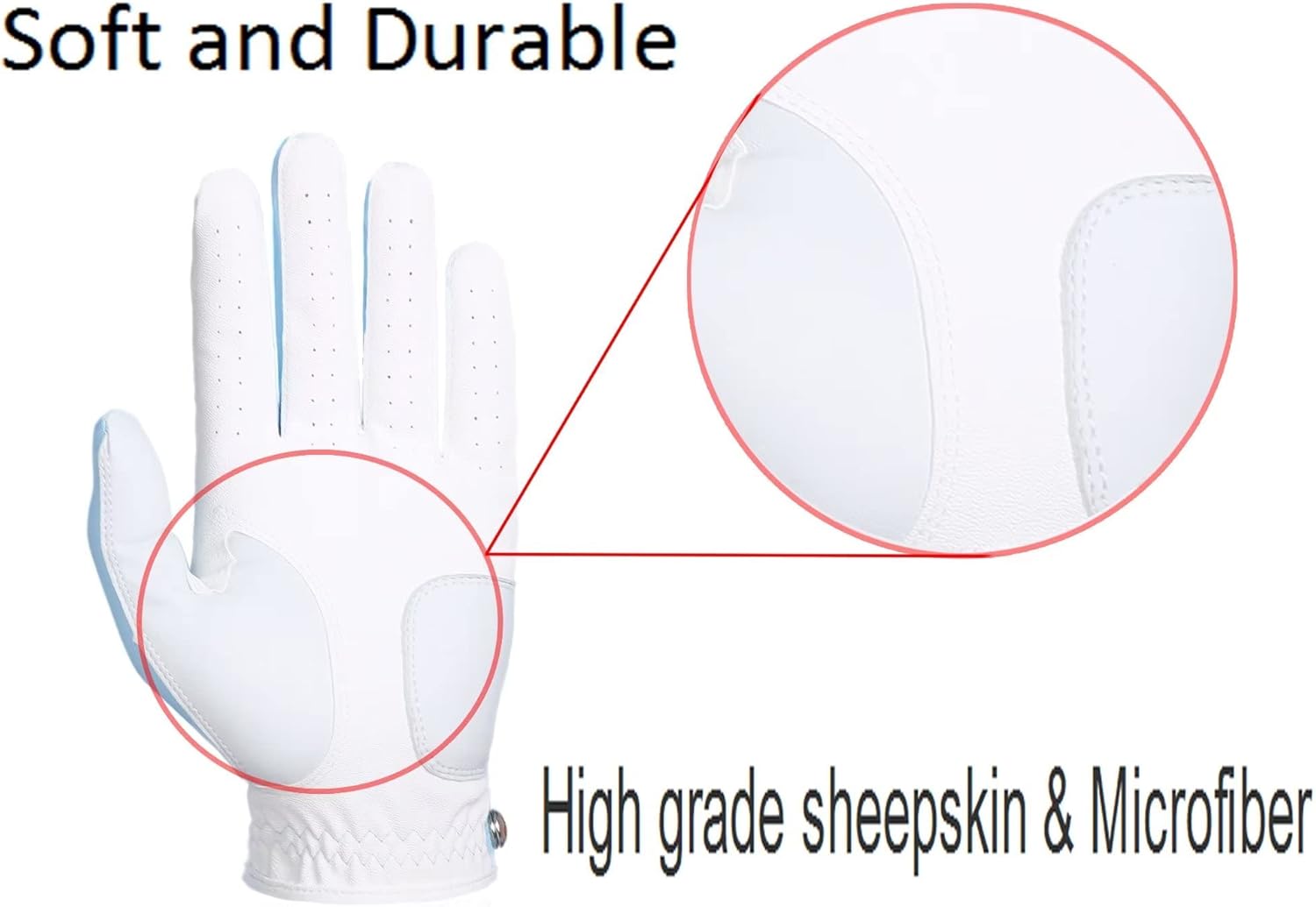 Men's Golf Glove Premium Synthetic Leather,Stable Grip,Six Pack，Four Colors to Choose from White/Sky/Beige/Red