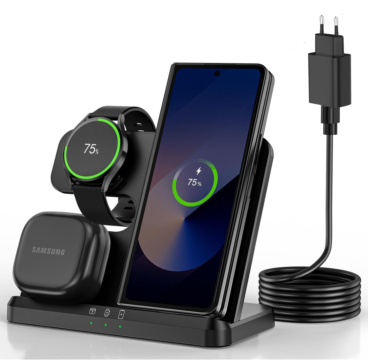 Chargeur sans Fil 3 en 1 pour Samsung S26 S25 S24 S23 Ultra, Station de Charge sans Fil pour S24ultra/S22Ultra/S23/Z Fold4/Flip4, Galaxy Watch8 Classic8/7/6/5/4, Galaxy Buds