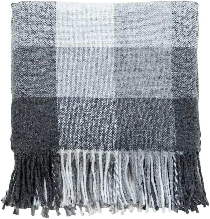 Ukrainian Wool Fringed Throw Blanket Soft Cozy Warm Lightweight Plaid Design 55 x 78 Elegant Home Decor Made in Ukraine (Gray & White)