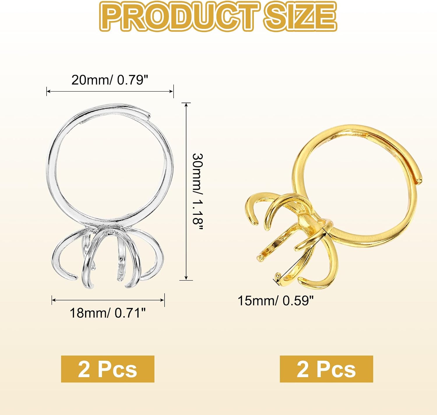 MECCANIXITY 4Pcs Claw Ring Blank, Adjustable Prong Ring Settings 4 Claw Finger Components Findings Gold Plated for DIY Jewelry Making Supplies DIY Crafting, Silver White, 18K Color
