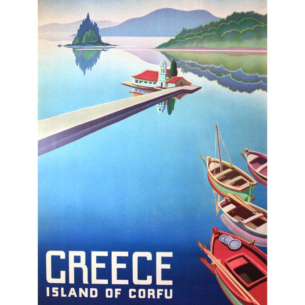 Wee Blue Coo Travel Island Corfu Greece Boats Pier Art Print Poster Wall Decor 12X16 Inch