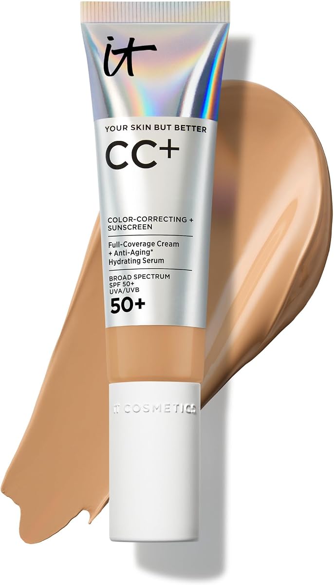 IT Cosmetics CC+ Cream - Base Natural de Cobertura Completa con SPF 50+, Sérum Hidratante Corrector de Color y Antienvejecimiento, Ácido Hialurónico + Péptidos, Ligero Hasta 24H de Uso, Todo Tipo de Piel