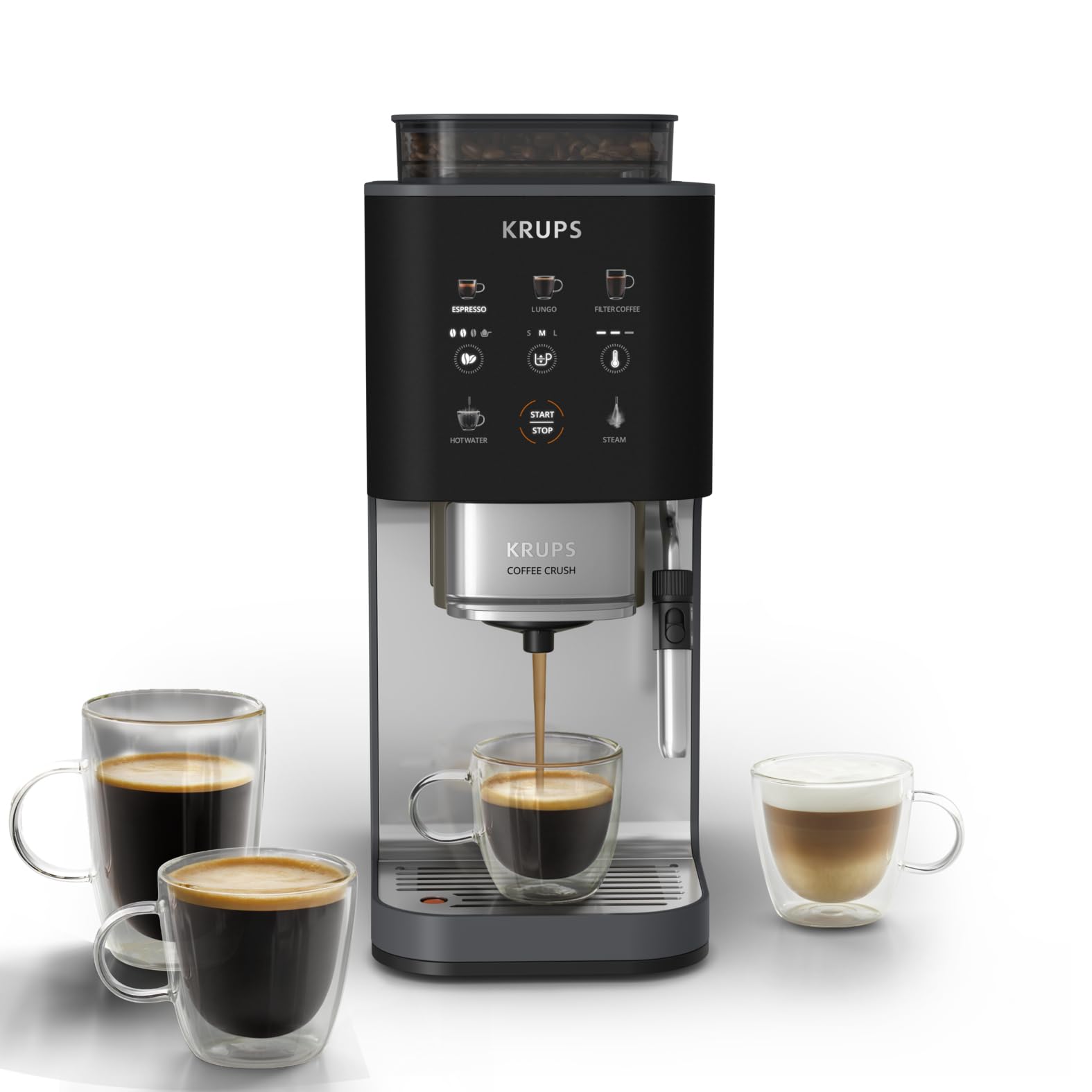 KRUPS Coffee Crush Edition, Macchina per Caffè Automatica, Design Compatto, Caffè espresso, Caffè Filtro, Lancia per Latte, SA404BE1