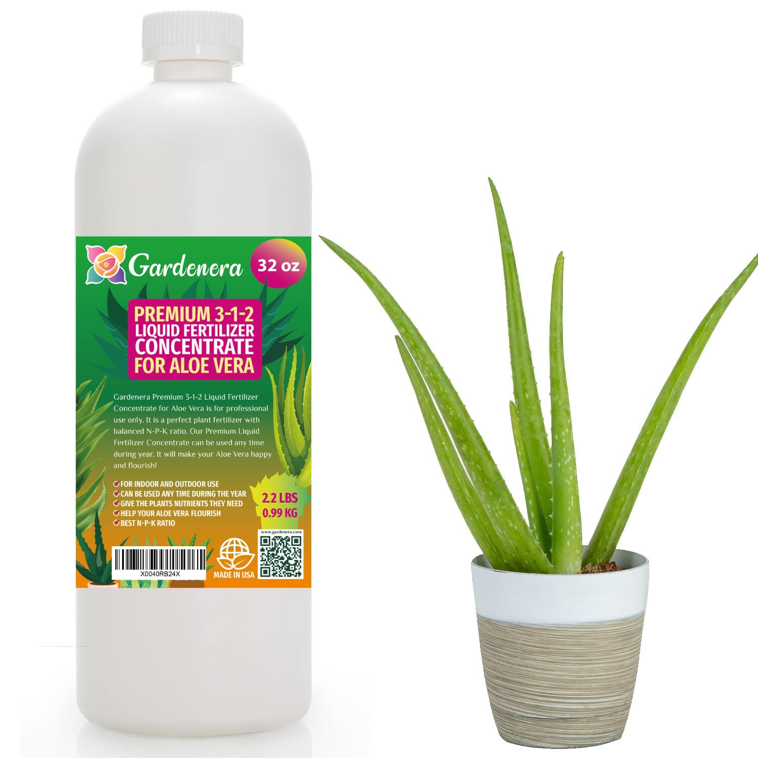 Gardenera Premium Liquid Aloe Vera Fertilizer - 3-1-2 Concentrate for Indoor Plants and Flowers - Organic Plant Food - 32oz