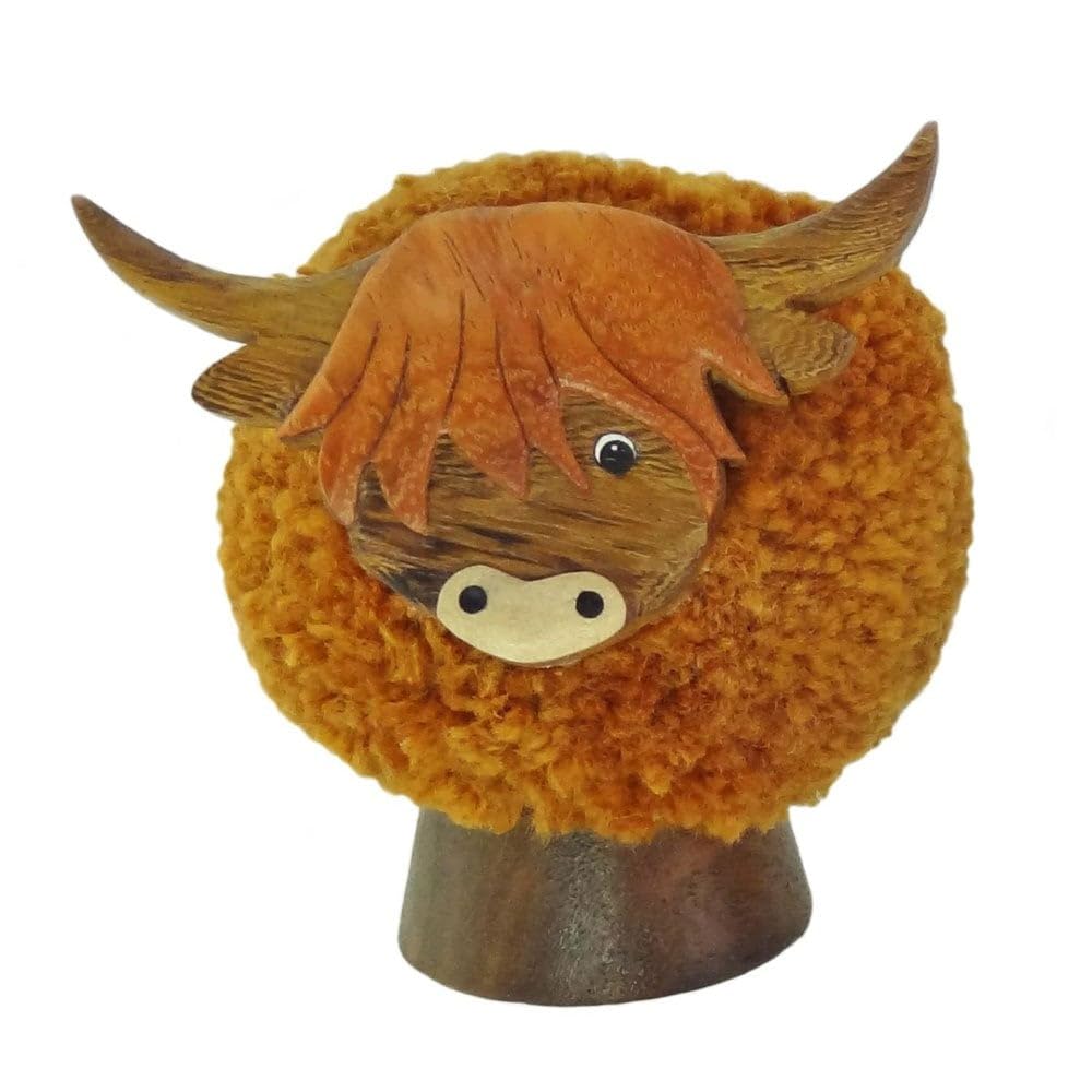 Glen Appin Of Scotland Large Wooden Highland Cow Pom Pom Figurine L Am1398