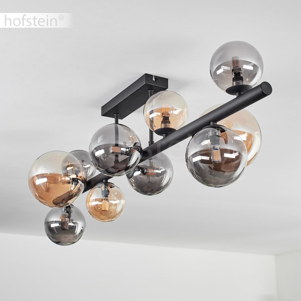 HOFSTEIN Lampadario Chehalis, lampada da soffitto in metallo/vetro in nero/ambra/fumé, illuminazione in stile moderno retrò/vintage con paralumi in vetro (Ø 10, 12, 15 cm), 10 x G9