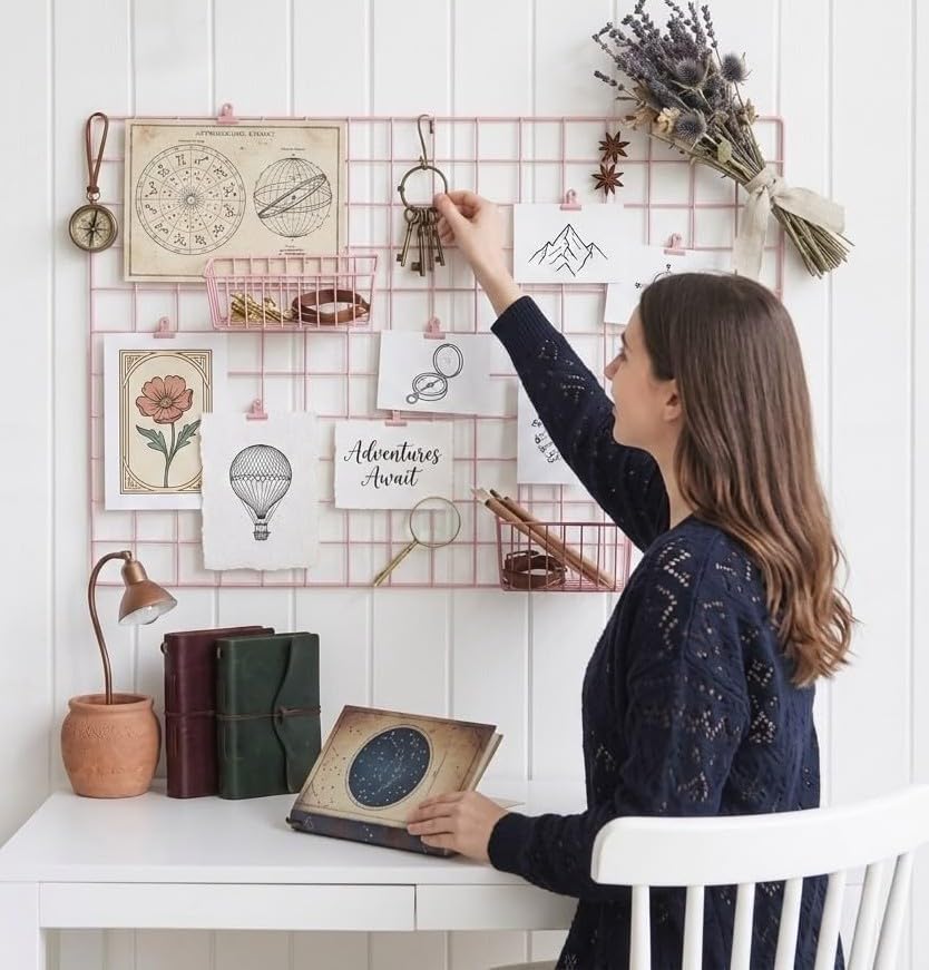 Metal Wire Grid Photo Display Frame for Wall, 45 x 65 cm Large Iron Mesh Memo Board | Wall Hanging Picture & Photo Organizer | Home, Bedroom & Office Decor (Pink)-image-5