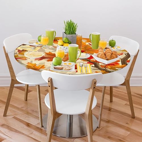 Vista 6 de Pardick Mantel redondo elástico con diseño de hojas de otoño, mantel redondo ajustable de 36 a 42 pulgadas, mantel circular impermeable, lavable