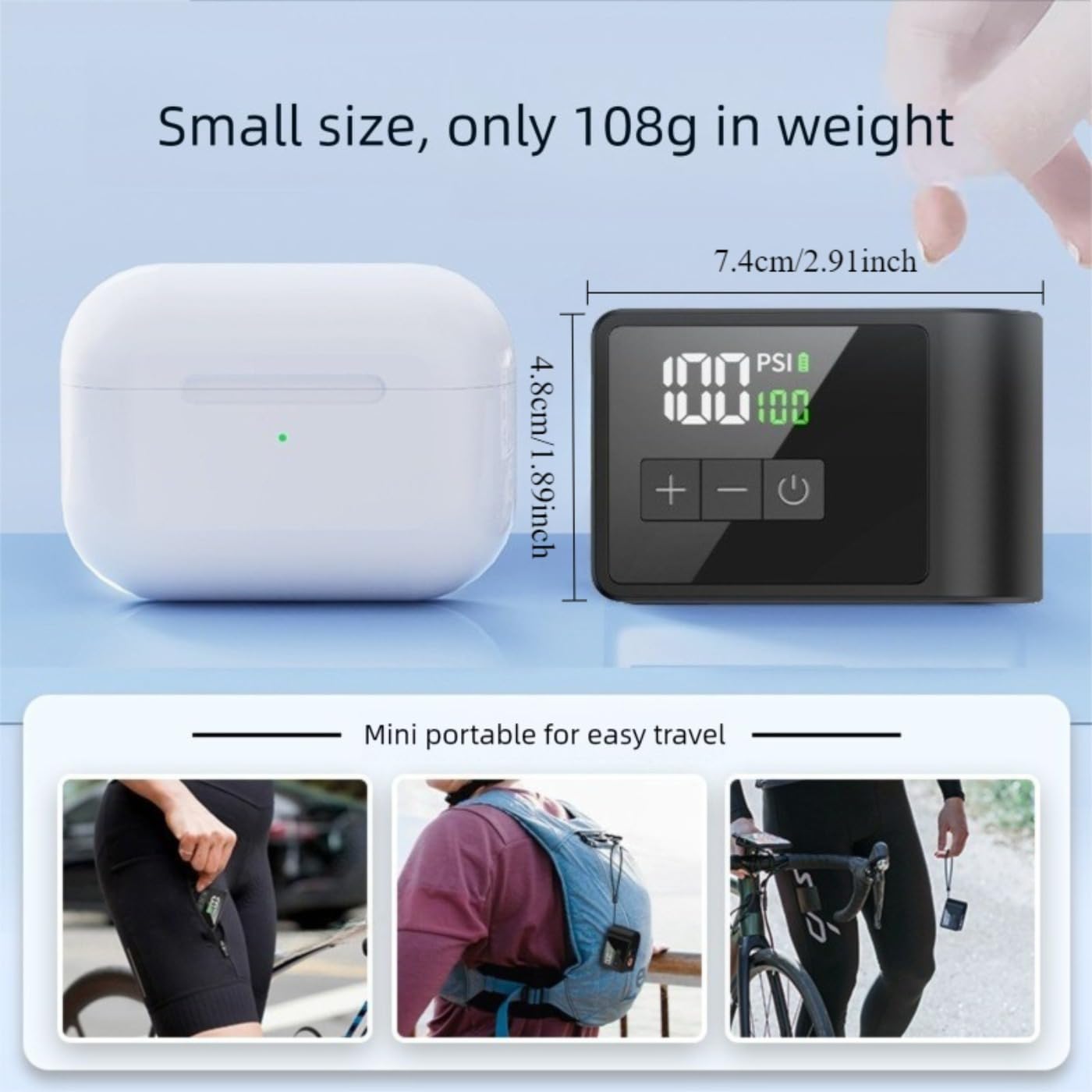 Mini cyfrowa pompa do opon rowerowych, przenośna sprężarka powietrza 108 g, wyświetlacz LCD z PSI/BAR, maks. 120 PSI