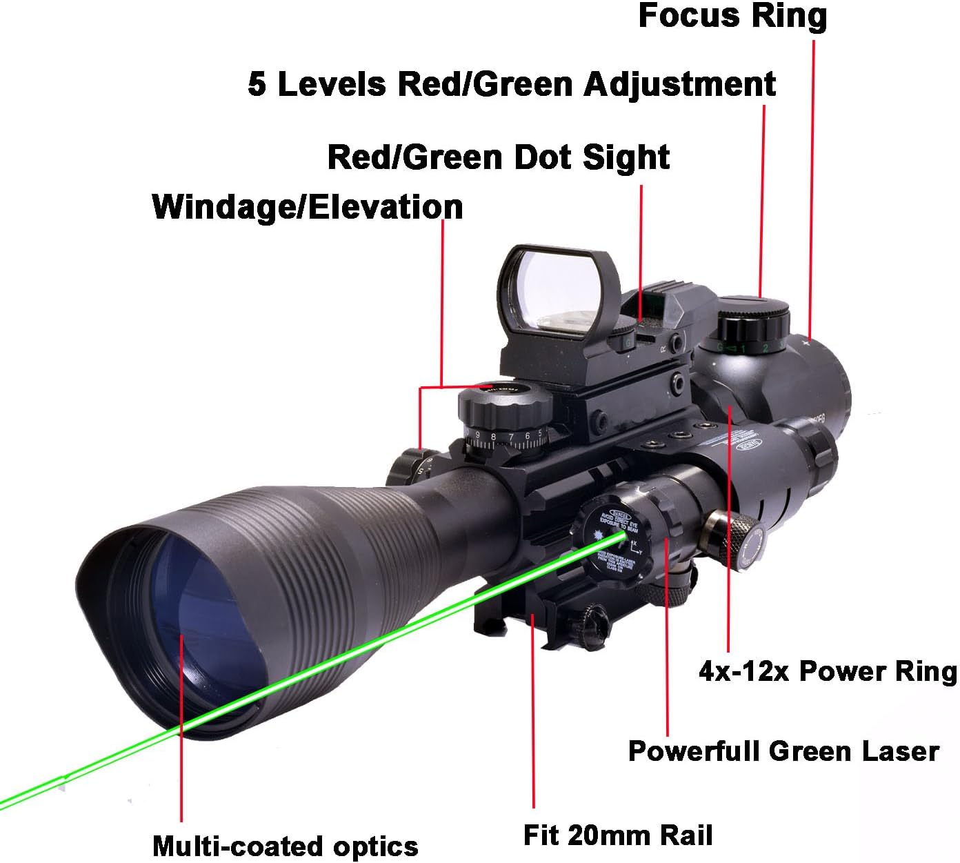 Rifle Optics Red Dot Laser 4-12x50 Illuminated Scope Combo with 4 Reticle Red Green Reflex Sight, Green Dot Laser Sight