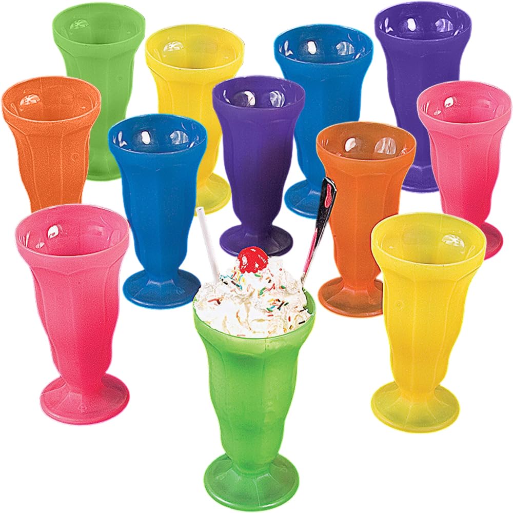 Fun Express Bright Neon Milkshake Cups & Sundae Glasses Set - 12 Vintage Plastic Soda Shop Style Ice Cream Float Cups | Perfect for Root Beer Floats, Parties & Ice Cream Parlor Decorations