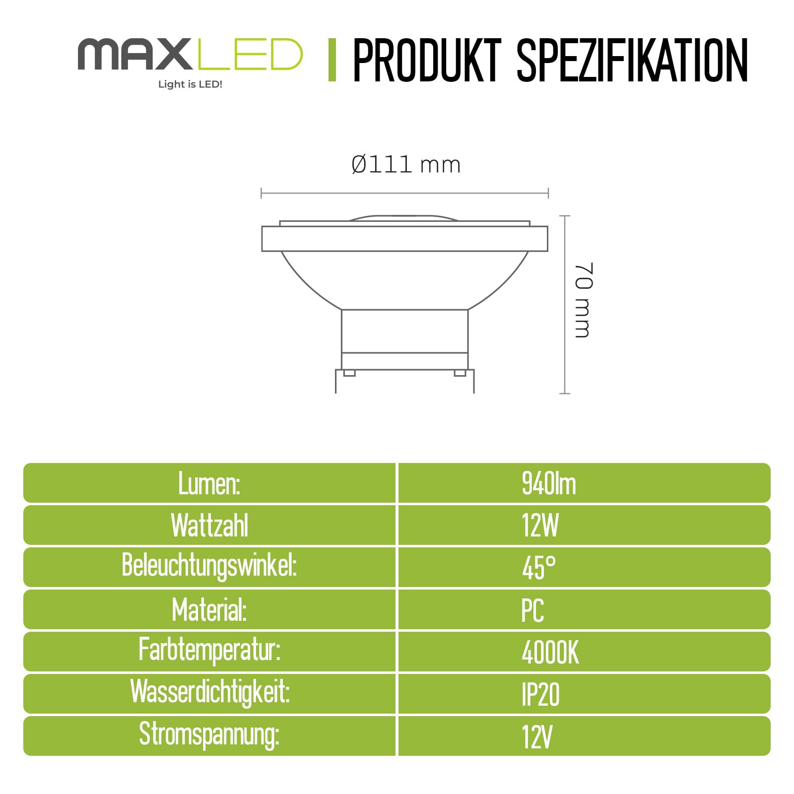 5er LED Leuchtmittel AR111 G53 12W Ersatz 75w Halogenlampe Neutralweiß 4000K Glühbirne 45 Grad Abstrahlwinkel LED-Spot 940 Lumen AC/DC 12V Spotlicht, Nicht Dimmbar