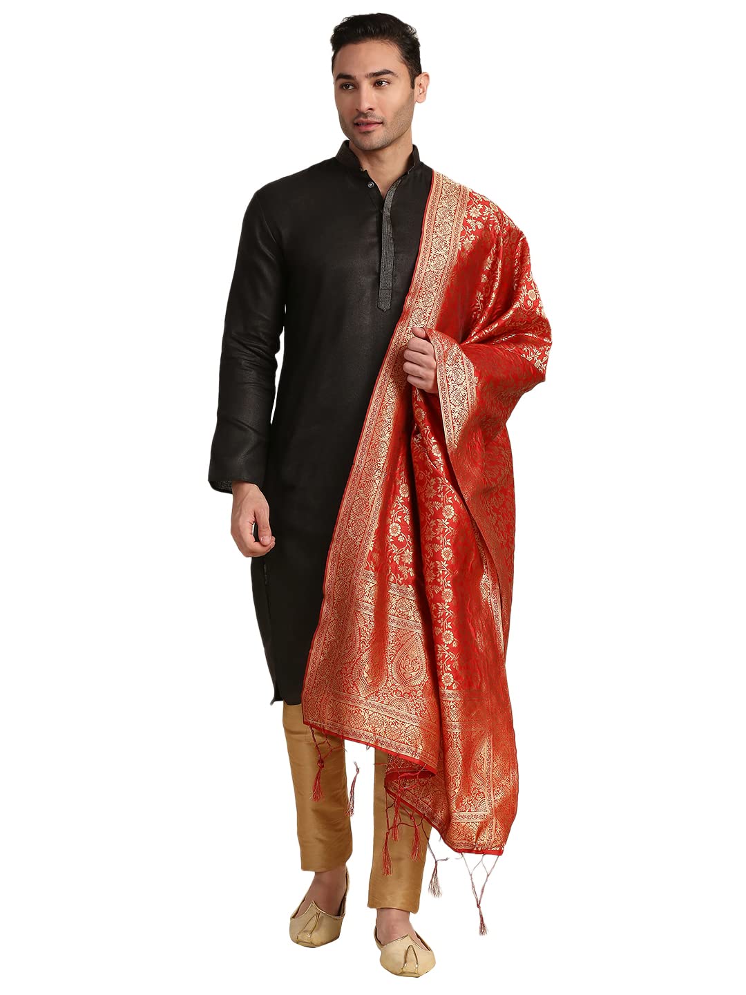 dupatta bazaar Men's Red Banarasi Silk Dupatta For Kurta/Sherwani/Achkan, free size-picture-37
