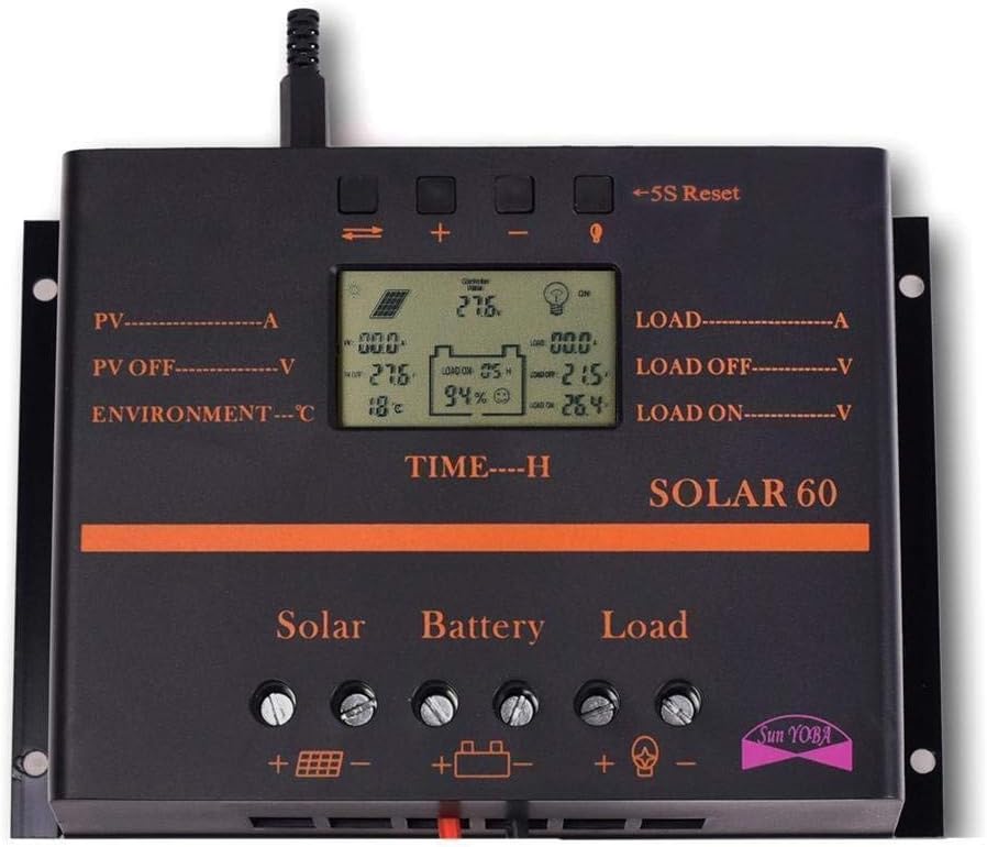 Sun YOBA 60A LCD Solar Panel Charge Controller 12V 24V Auto Switch With USB Charge