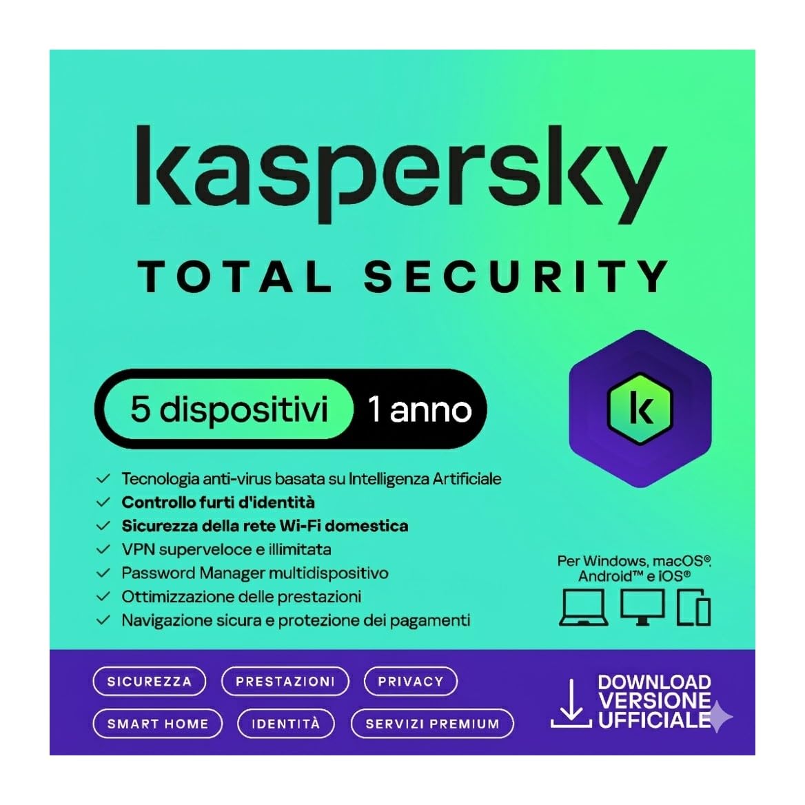 nextradeitalia Kaspersky Total Security 2025 PC/Mac/Android/iOS -1 Anno- 5 DISPOSITIVI