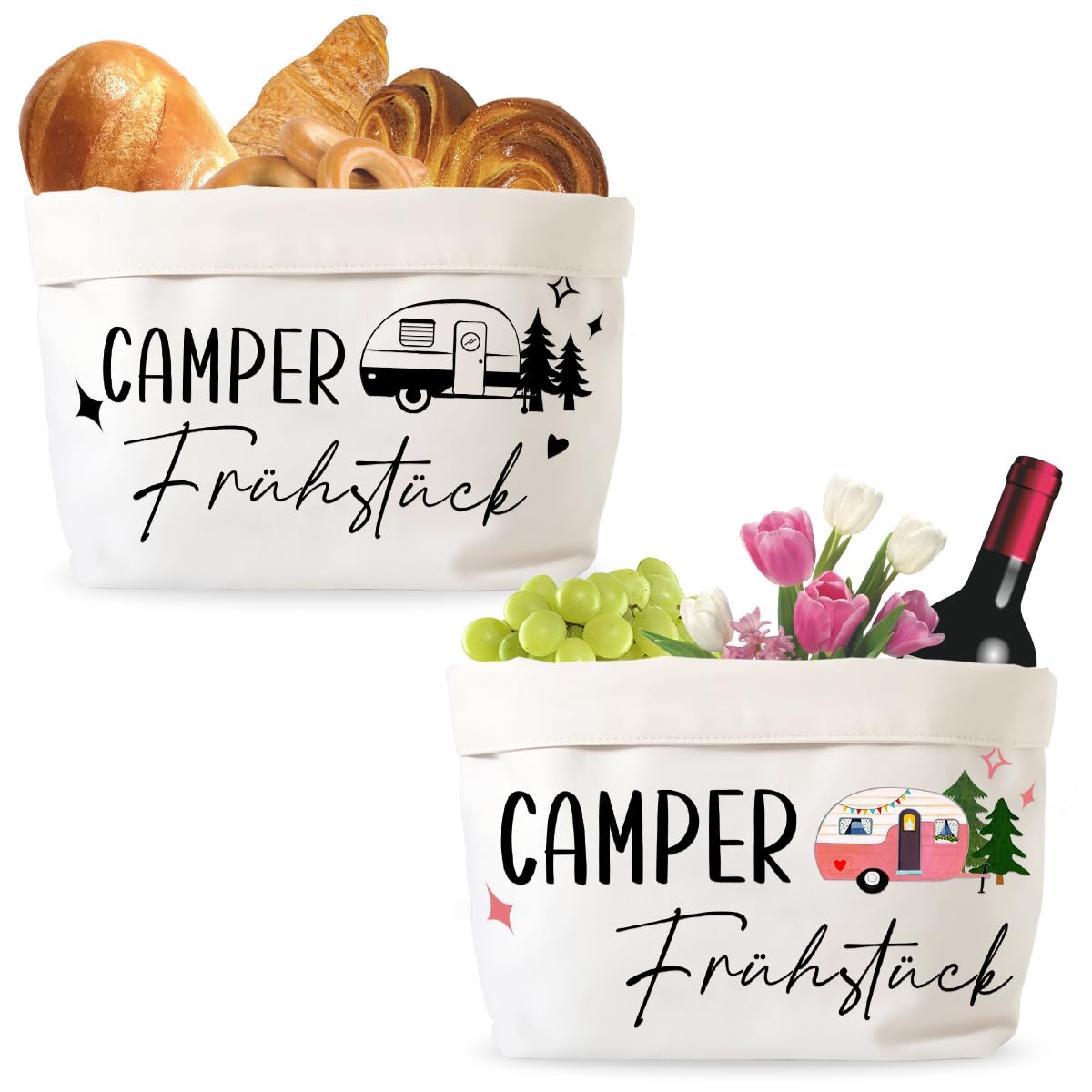 Camper Brotkorb, "Camper Frühstück" Brotkorb aus Stoff, Camping Brötchenkorb, Wohnwagen Wohnmobil Deko Geschenk