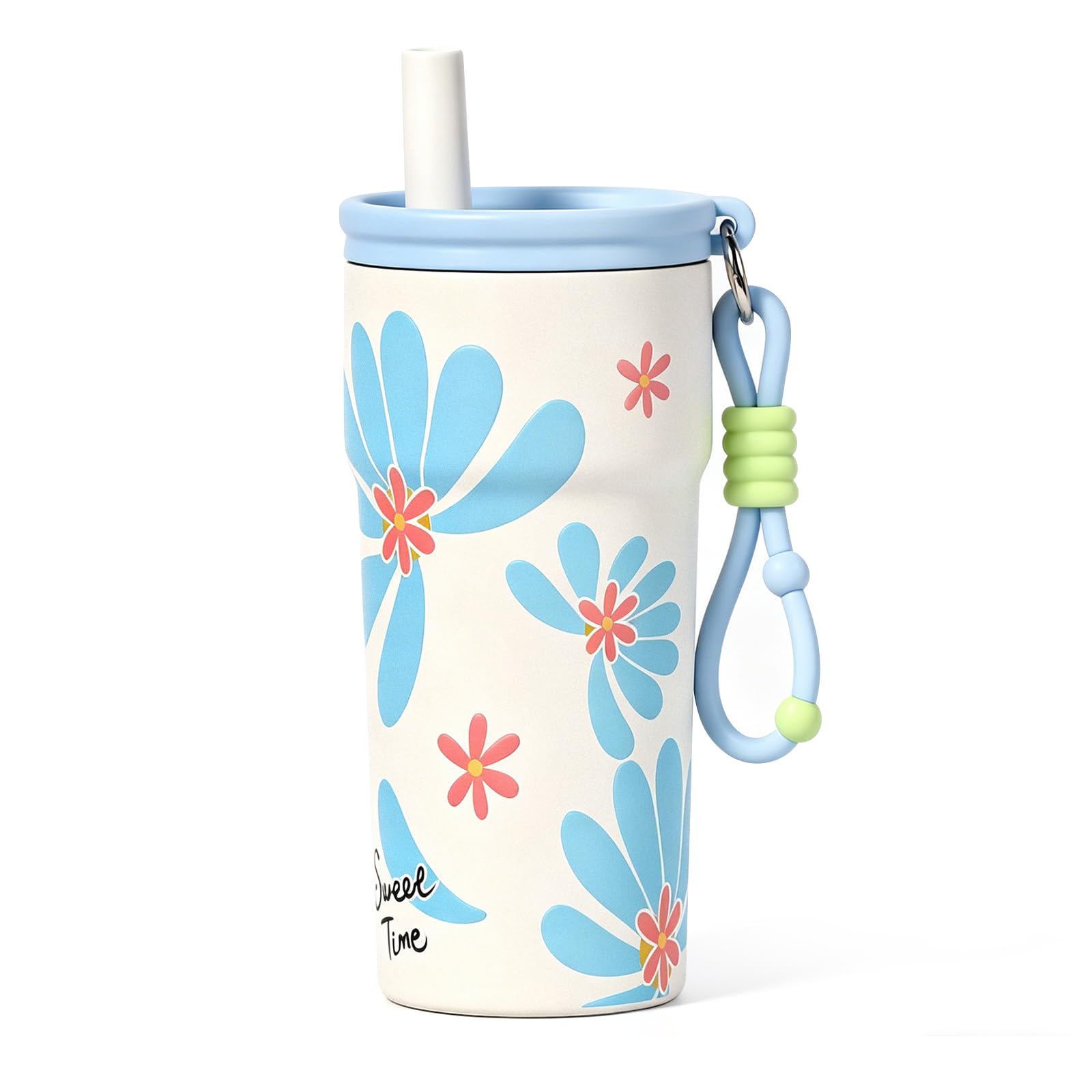 pluseight Stainless Steel Tumbler with Straw, 500ml/17oz Tumbler for Hot and Cold, Travel Portable Coffee Mug for Hot and Cold, Fit in Car Cup Holder (Blue Flower)