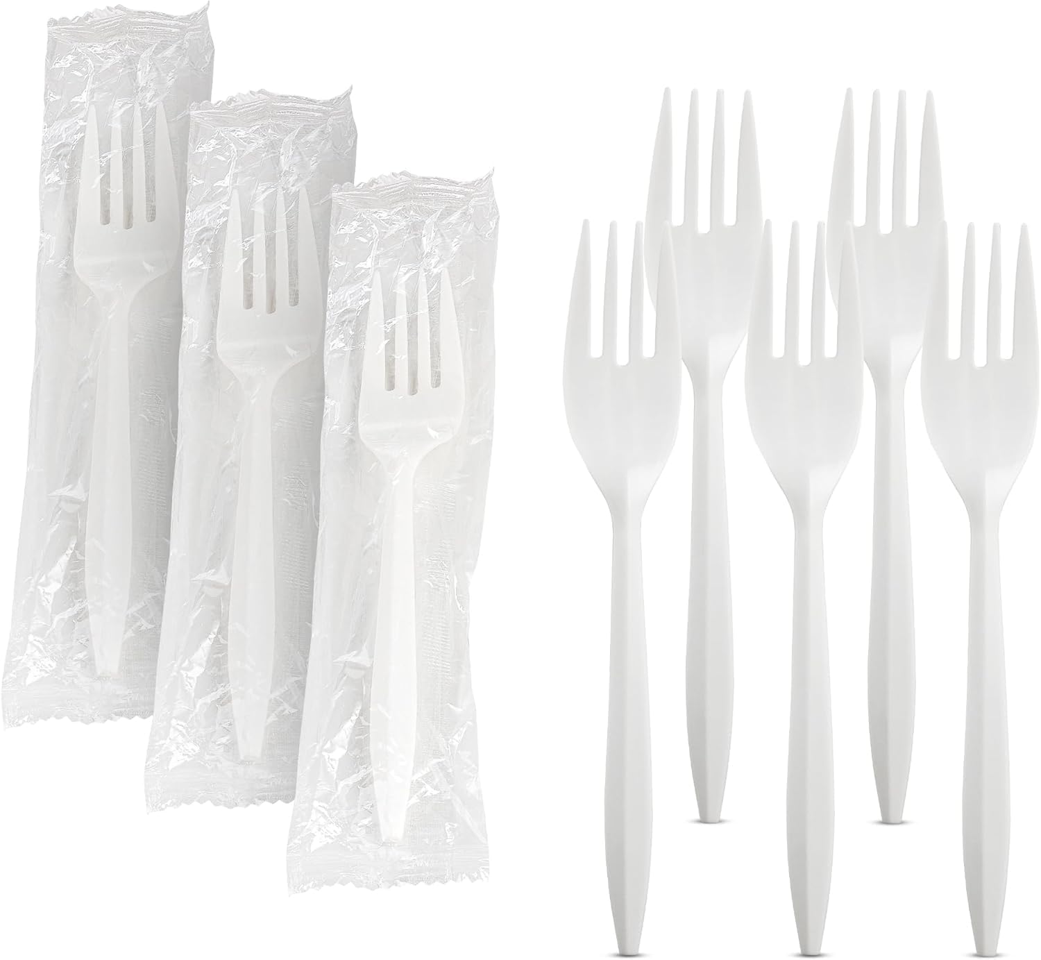 MT Products Medium Weight Individually Wrapped Single White Plastic Forks - Great for Take-Out or On-The-Go Option - Plastic Forks Bulk (1000 Pieces)
