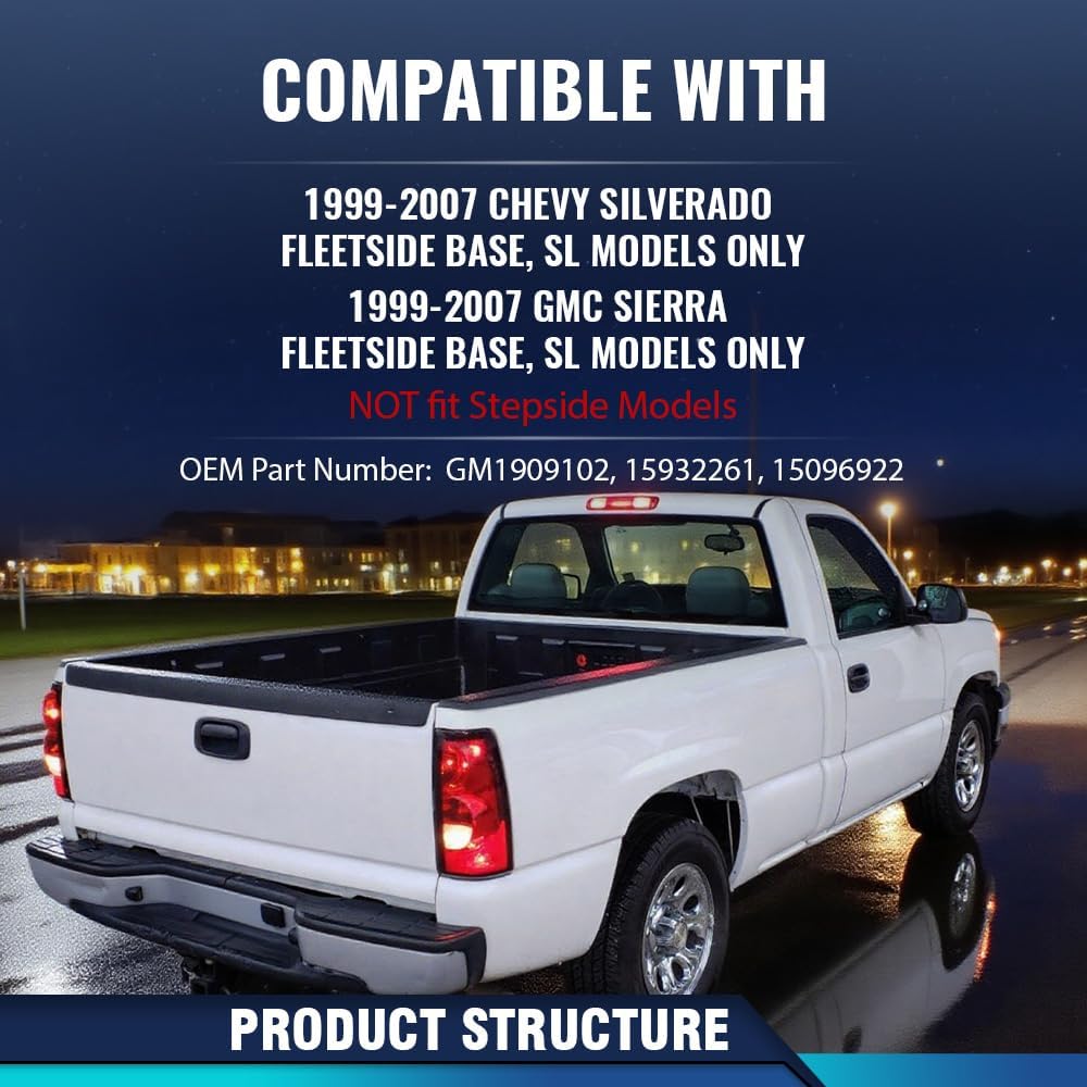 PIT66 Tailgate Molding Cap, Compatible with Chevy Silverado Fleetside Base, SL Models 1999-2007/ GMC Sierra Fleetside Base, SL Models 1999-2007, Not Fit Stepside Trucks GM1909102
