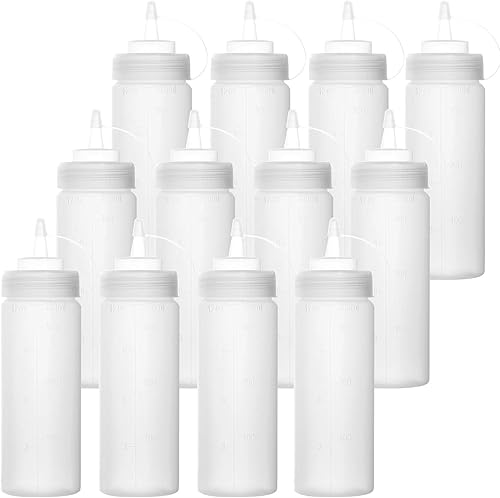 Bekith Paquete de 12 botellas de condimento de plástico de 12 onzas con tapas giratorias y medidas discretas, botella vacía de boca ancha para