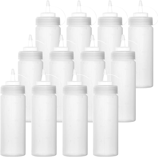 Bekith 12 Pack 360ml Plastic Squeeze Condiment Bottles with Twist On Cap Lids Wide Mouth Empty Squirt Bottle for Sauce, Ketchup, BBQ, Dressing, Paint, Pancake Art Dispenser