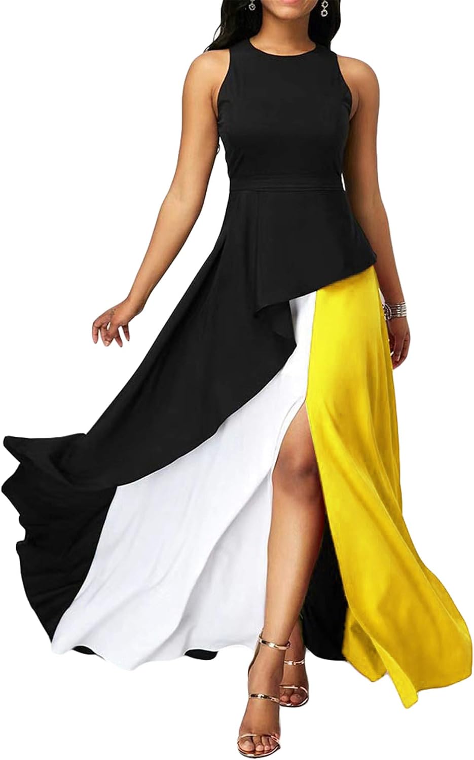 Andongnywell Women Sleeveless Lace Split Side Maxi Long Dresses Ladies Round Neck Big Swing Split Dress