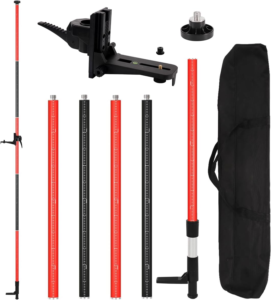 MOETER 12Ft/3.7M Telescoping Laser Level Pole, Adjustable Laser Pole with Universal Mounting Bracket 1/4”-20 & 5/8”-11 Adapters, Lasers Level Stand for Rotary & Line Lasers (Without Tripod)