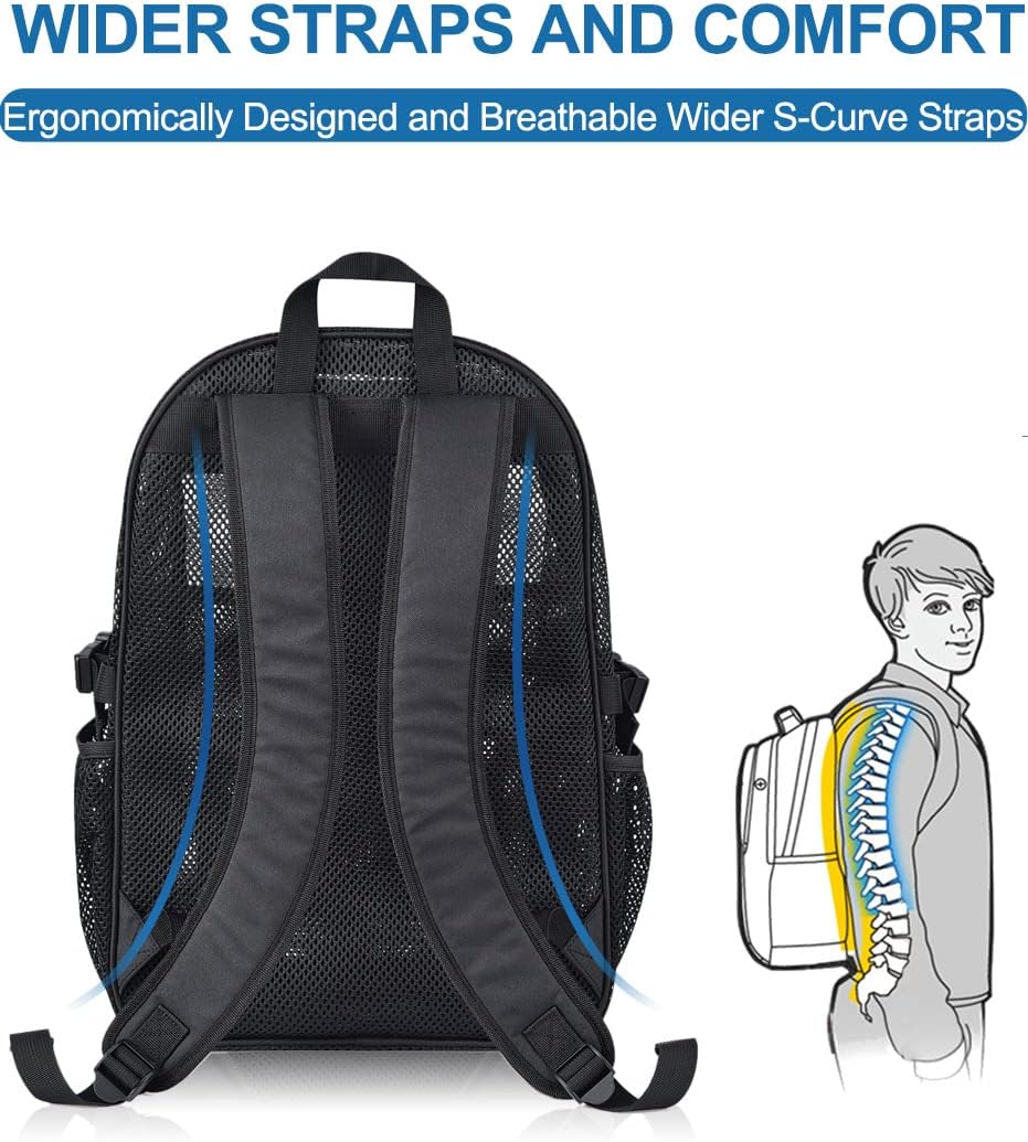Heavy Duty Mesh Backpack for School, 22L Black Mesh School Bag with Laptop Compartment for Beach, Commuting, Swimming, Fitness, Sports (Black)