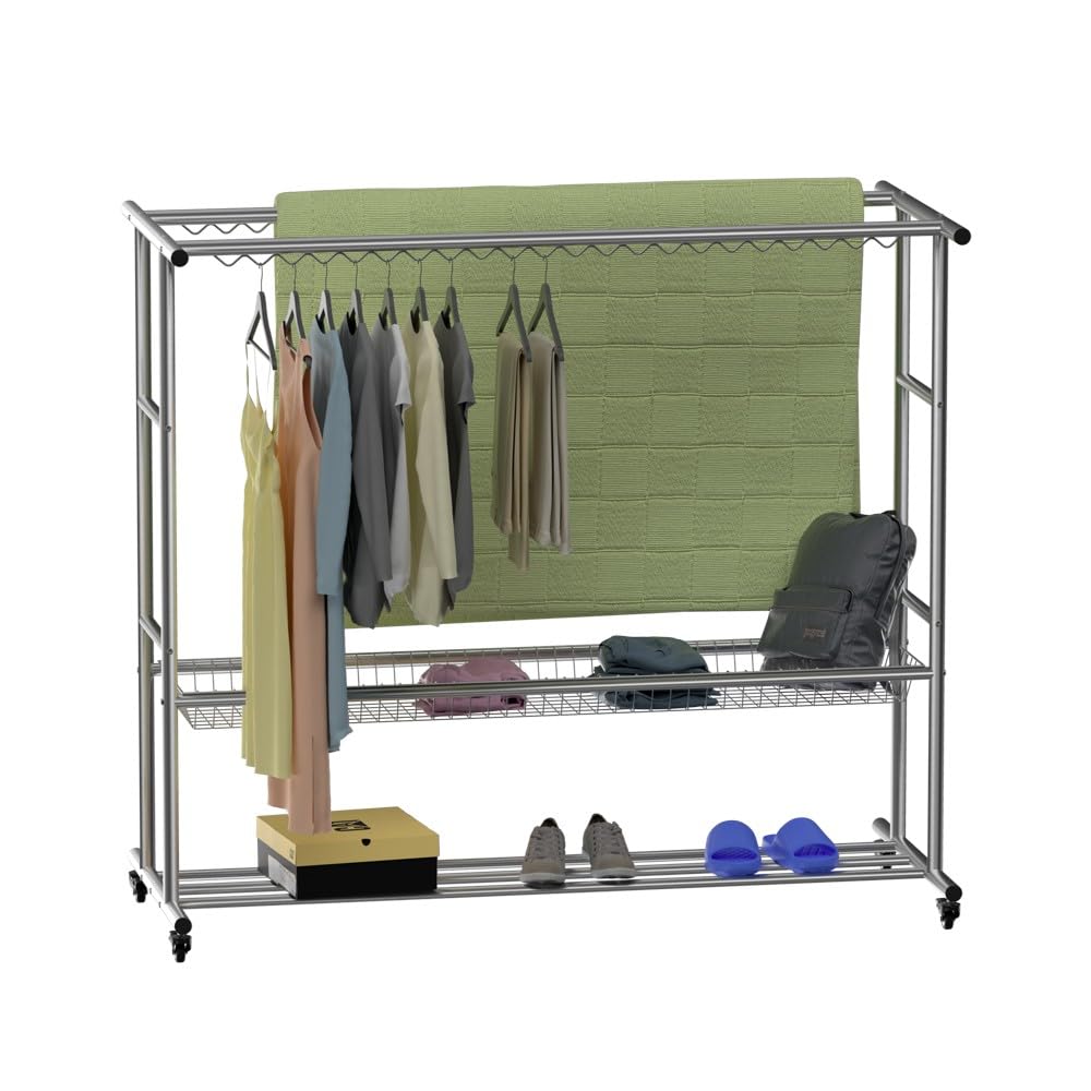 Portant à vêtements avec rangement chaussures et double barre dressing