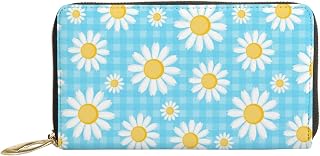 Carteiras de couro para mulheres bolsa camomiles azul quadriculado bolsa de mão de couro multi porta-cartões organizador bloqueio carteiras bolsa de viagem, Camomilas, xadrez azul, 7x4.3x0.8 Inches