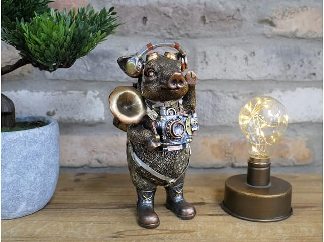 Gold Steampunk Pig Figure Art Farm Animal Sculpture Metallic Ornament Statue Home Decor Gift,H: 21cm W: 11cm D: 12cm