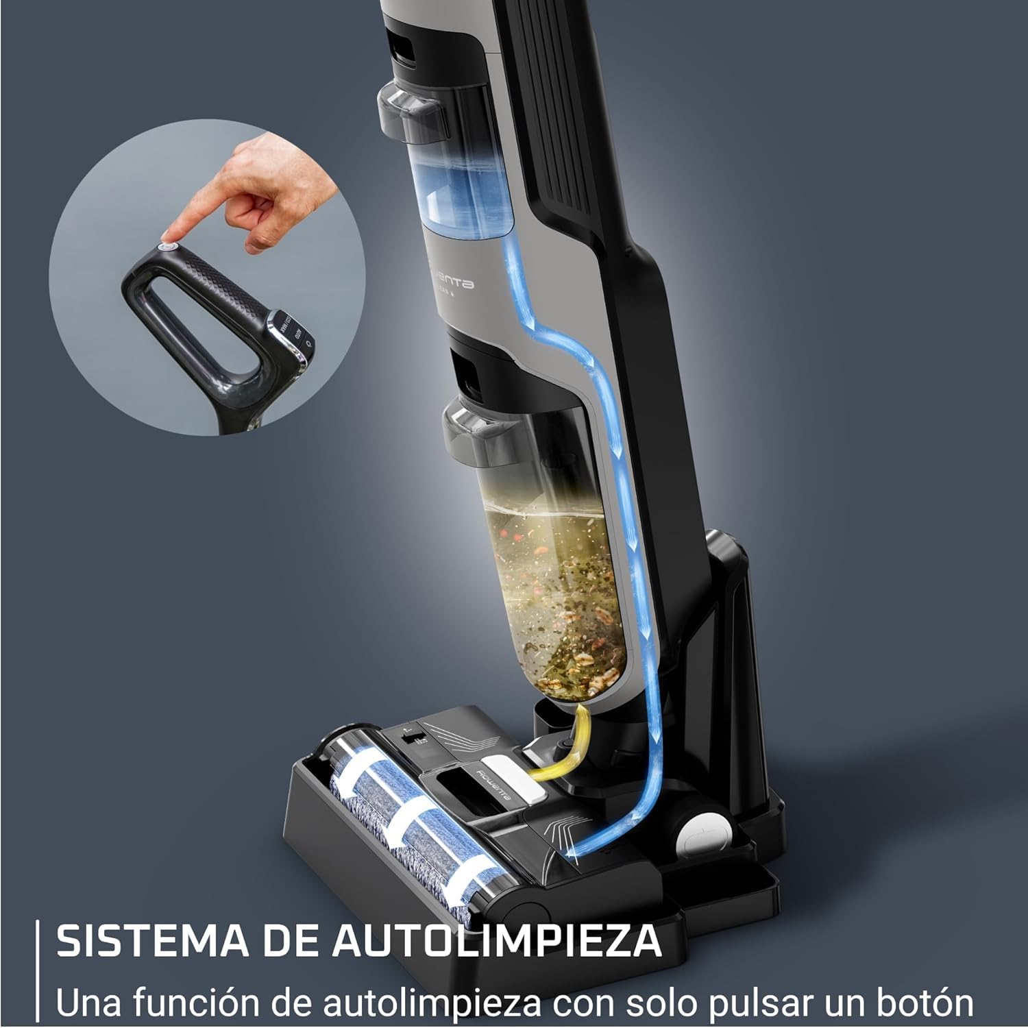 Rowenta X-Clean 4, Aspiradora Fregona Eléctrica Sin Cable, 2 en 1 Aspira y Friega a la vez, 200 W, Pantalla De Control Inteligente, Ajuste Automático De Limpieza: Eco, Auto y Max, Gris, GZ5036WO