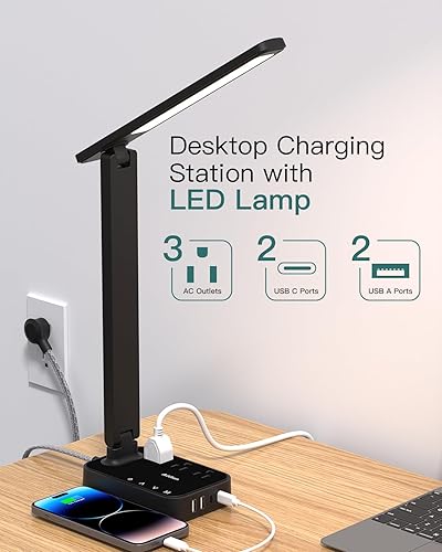 Miniatura 2 de Addtam Lámpara LED de Escritorio, Regleta con 3 Tomas 4 Puertos de Carga USB (2 USB-C), 4 Modos 5 Niveles de Brillo Lámpara Táctil, Lámpara de Negro