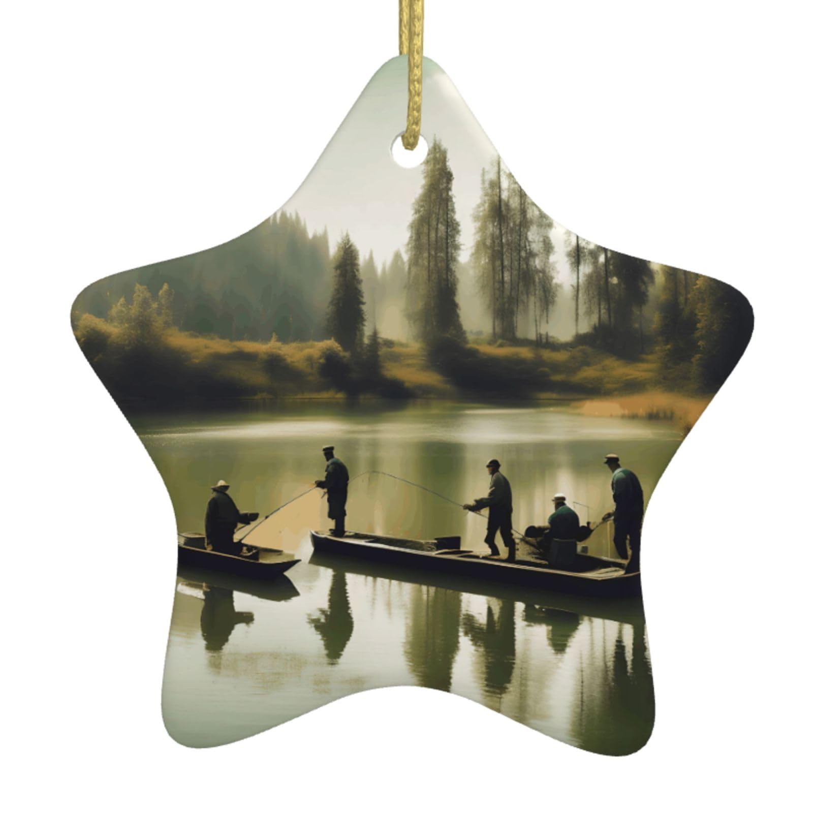 Nbtghga White Fishing Lake Fishermens Print Christmas Ornaments, Ceramic Hanging Ornament, Round Shape Decorations