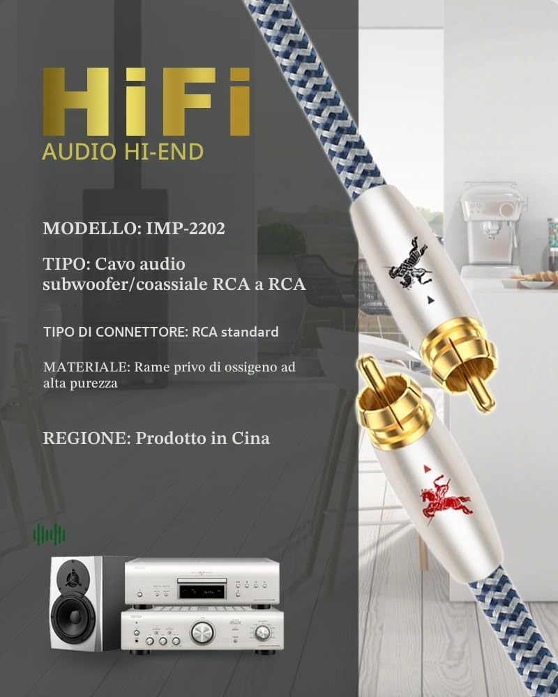 Impeto Cavo Subwoofer Cavo Coassiale Audio per Subwoofer Cable RCA Audio Alta Qualità audiofila, placcato oro con soundbar subwoofer HiFi Home Theater HDTV Box Amplificatore ricevitore - 1m