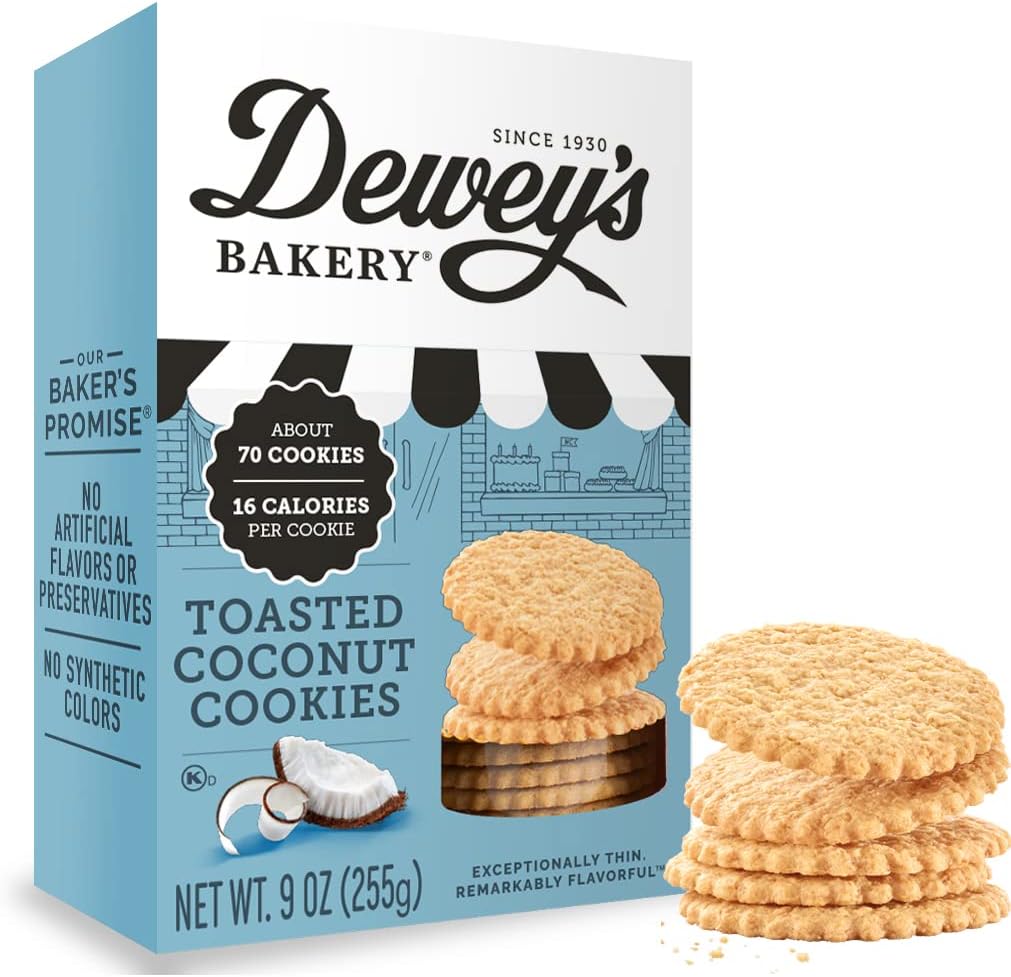 Dewey's Bakery Toasted Coconut Cookie Thins | No Artificial Flavors, Synthetic Colors or Preservatives | Baked in Small Batches | 9oz (Pack of 1)